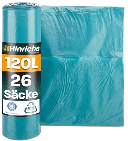 Hinrichs Müllsäcke 120L extra Stark - 26er Rolle - 70x110 cm - Extrem reißfeste Müllbeutel - Mülltüten aus Recycling LDPE - Blaue Säcke - Abfallsäcke für Haushalt, Garten & Baustelle