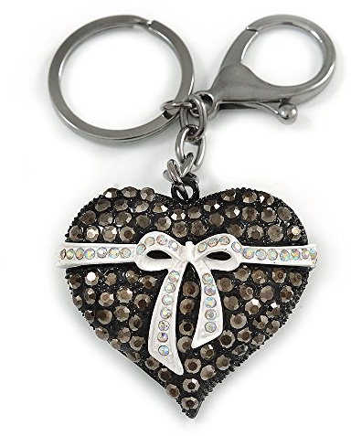 Avalaya Hematite Crystal with White Enamel Bow Puffed Heart Keyring/Bag Charm In Black Tone Metal - 10cm L