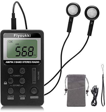 Pocket Small Radio by Flyoukki, Personal Mini AM FM Portable Digital Tuning Transistor Radios with Best Reception, Earphones, Lanyard and Rechargeable Battery for Walking Jogging Exercising (Black)