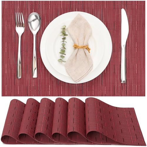 Myir JUN Tischsets abwaschbar Tischsets Platzsets abwaschbar Platzdeckchen | Gewebte Platzset 6er Set rutschfest hitzebeständig Vinyl für Küche Speisetisch Hotel Platz-Matten 30x43.5cm (Rot)