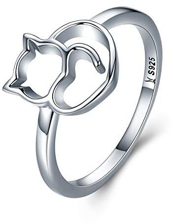 Presenski Niedlich Katze Ring, Damen 925 Sterling Silber Kätzchen Ring Cat Ring für Frauen Mädchen, Größe 52 55 58 60