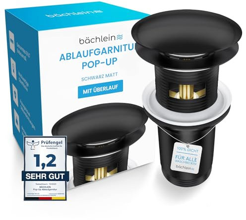 Bächlein Universal Ablaufgarnitur mit Überlauf (Matt Schwarz) - Pop Up Ventil für Waschbecken und Waschtisch – Ablaufventil Abflussgarnitur aus Messing mit Einbauanleitung