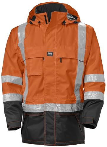 Helly Hansen Potsdam Mens Hi-Vis Rain Jacket - Waterproof Windproof Work Rain Gear - Safety Jacket with Pockets - Hi Vis 269 Orange/Charcoal - X-Large