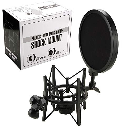 BFVV Microphone Shock Mount with 6 Inch Double Mesh Pop Filter Shield and Screw Adapter Anti Vibration Metal Mic Mount Holder Clip for Most Rode Mics (21mm Internal Thread)