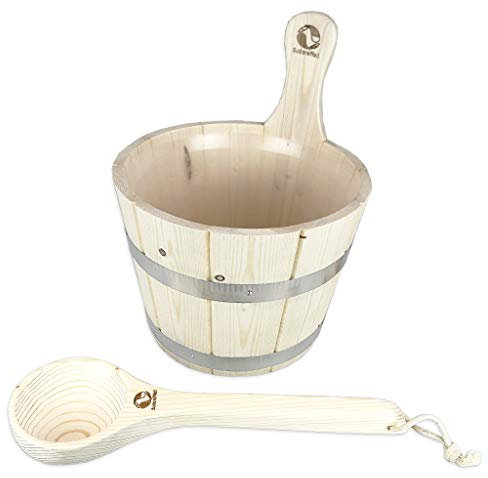 Saunakübel Set aus Nadelholz mit Saunakübel 5.0 l inkl. zwei Stahlbandreifen + Kunststoffeinsatz plus Sauna Schöpfkelle