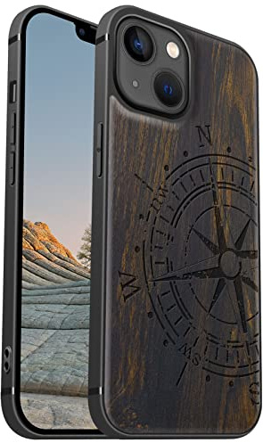 Carveit Coque magnétique pour iPhone 13 Cover [amulette Bois Sombre] [Pare-Chocs en TPU Souple] Coque de téléphone Antichoc Compatible avec 13 Magsafe Coque Bois (Boussole Vintage)