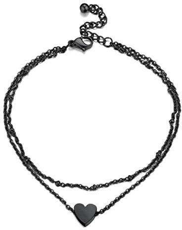 PROSTEEL Schwarz Doppel Fußkette 22+5cm Damen Herz Charm Fußkettchen Sommer Strand Fußarmband verstellbare Knöchel Armband Schmuck Accessoire für Frauen Mädchen