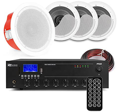 Power Dynamics CSF5 Commercial Ceiling Speaker System Package, 4x 5 100V Speakers with Mixer Amplifier, Bluetooth Audio Streaming, Background Music System for Offices & Shops