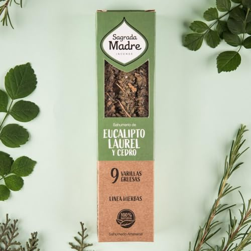 Sagrada Madre, Natürliche Bio-Räucherstäbchen für Kräuter, Eukalyptus - Lorbeer - Zedernholz, 9 dicke Stäbchen