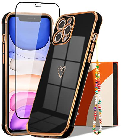 ZTOFERA Heart Case for iPhone 14 Pro Max with [Wrist Strap] [Tempered Glass Screen Protector] for Girls Women, Flexible Silicone Phone Chain Case with Gold Trim Shockproof Cover, Black