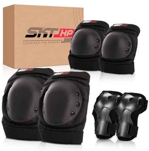 SKT HP Skateboard Protective Gear Adult Knee Pads for Women Men Youth Wrist Guards for Roller Skating Skate Pads Guards Black