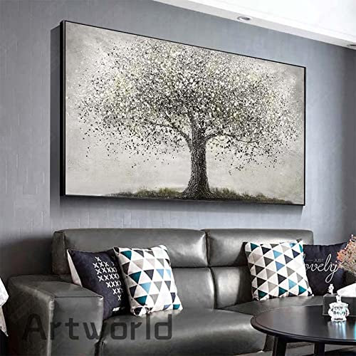 Zhaoyang Art Abstraktes Baum-Ölgemälde, modern, mit schwarzem Rahmen, Wandkunst, Bild, Leinwand, Poster für Wohnzimmer, Heimdekoration, 140 x 70 cm/55 x 28 Zoll mit schwarzem Rahmen