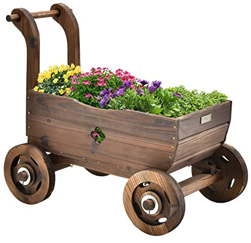 GOPLUS Pflanzenwagen mit Rädern, Blumenwagen mit Abflusslöchern & Griff, Blumenkasten aus Holz, Pflanzschubkarre Blumenkarre für Garten & Outdoor, 68 x 38,5 x 53,5cm
