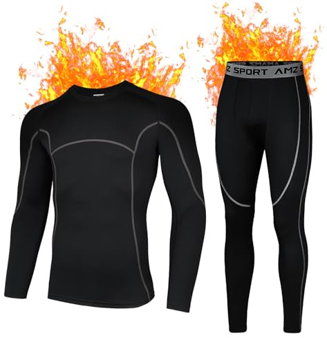 AMZSPORT Ropa Interior Térmica Hombre Conjunto, Camisa y Pantalón de Compresión Funcional de Secado Rápido para Esquí Montaña Ciclismo Fitness, NegroGris L
