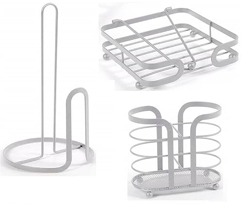 EDITACASA - Set 3 pezzi Porta Bicchieri, Porta Tovaglioli e Porta Rotolo - in metallo il set- kit segue uno stile moderno bianco