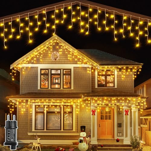 Ollny Eisregen Lichterkette Außen 3,6m, 108 LED Warmweiß IP44 mit Stecker | Wasserdichte Weihnachtsbeleuchtung für Balkon, Haus, Fenster, Traufe, Vorbau, Geländer, Dachrinne & Fassade
