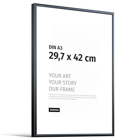 JUNOMI® Bilderrahmen DIN A3 (29,7x42 cm), Aluminium Schwarz matt | Moderner schmaler Rahmen aus Aluminium mit bruchsicherem Acrylglas, Hoch- und Querformat, für Fotos, Poster und Kunstdrucke