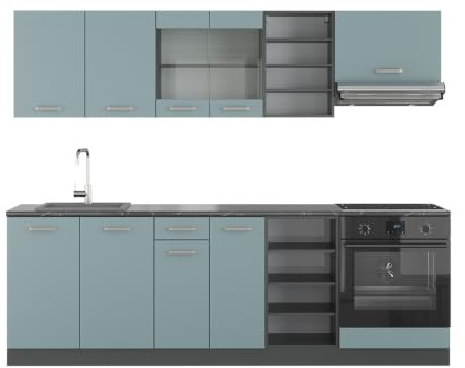 Vicco Küchenzeile R-Line, Blau-Grau/Anthrazit, 240 cm | 10 Module · Höhenverstellbare Füße · Ohne Arbeitsplatte · Robuste Fronten · Mit Herdumbauschrank · Frei kombinierbar