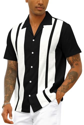 CTU Camisa de bolos vintage para hombre, de algodón y lino, de manga corta, con botones, para verano, Negro, L