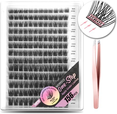 WONSIS Self Adhesive Eyelashes, 156 Pcs Self Adhesive Eyelash Clusters, No Glue Needed, Invisible 2-Strip Tape - Longer Lasting, No Sticky Residue Pre Glued Eyelashes (Volume-Mixed)