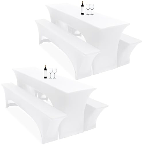 Zwei 3er-Set Biertischhussen 220 x 70 x 70 cm, hussen bierzeltgarnitur, weiß, Stretch-Bezüge für Biertisch- und Bankgarnituren, Bierbankhussen, Spandex-Bierzeltgarnitur für Bankett, Gartenmöbel-Bezüge