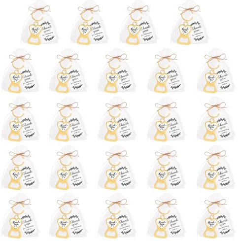 Apribottiglie a Forma di Cuore, Portachiavi Apribottiglie di Ringraziamento, Bomboniere Apribottiglie per Matrimoni, Apribottiglie per Birra con Biglietti di Ringraziamento e Sacchetto in(Oro-24)