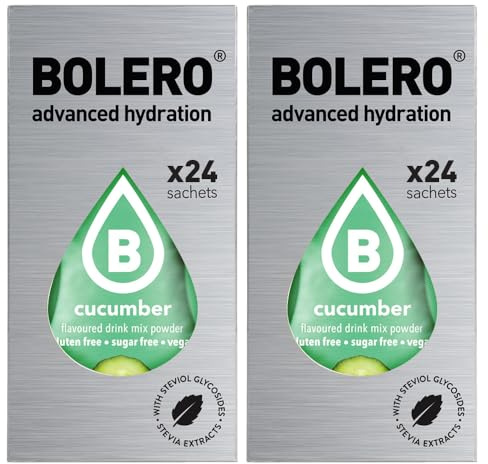 Set Bolero Drink da 48 Bustine 3 grammi Cucumber (cetriolo) 3 gr Gusti Diversi alla Frutta Preparato Polvere Solubile Bevanda Fresca in Acqua,144 grammi dolcificato stevia,0.14 kg
