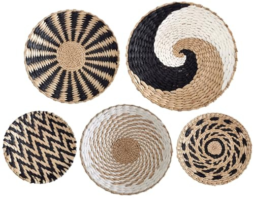 Wedhapy Wandkorb Dekor 5pcs Hanging Rattan gewebte Körbe 7.9, 9,8, 11,8 Zoll rustikal