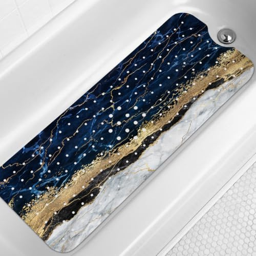 LNOND Marmor-Badewannenmatte, rutschfest, extra lang, 101,6 x 40,6 cm, rutschfeste Matte für Badewanne, schwarz, weiß, gold, Marmor-Duschmatte mit Abflusslöchern und Saugnäpfen, maschinenwaschbar