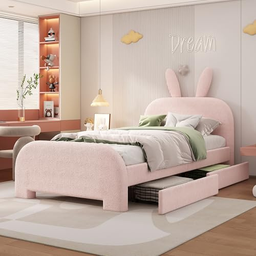 Polsterbett 90x200, Cartoon Kaninchenform Plüsch Einzelbett mit 2 Schubladen und Lattenrost, Kinderbett Jugendbett Gästebett Gepolstertes Bett Stauraumbett Rückenlehne Bettgestell, ohne Matratze,Rosa