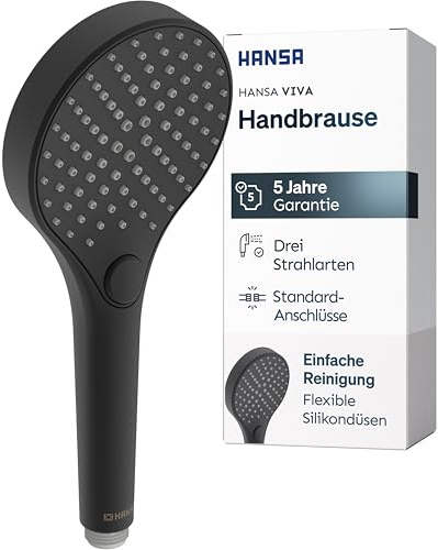 HANSA VIVA Breiter Duschkopf mit 3 Strahlarten I Handbrause Dusche | Dreistrahlig mit Druckknopf Umsteller I Anti-Kalk Funktion I Brausekopf 110 mm Durchmesser | Standard G 1/2 Anschluss | Schwarz