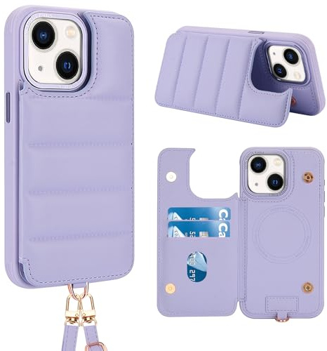 Butnyeoe Crossbody Wallet Case for iPhone 13/14(6,1) with Card Holder Magnetic Charging Kickstand,Flip Leather Phone Case,RFID Blocking Protective Cover,Wrist Strap Lanyard Handbag,Purple