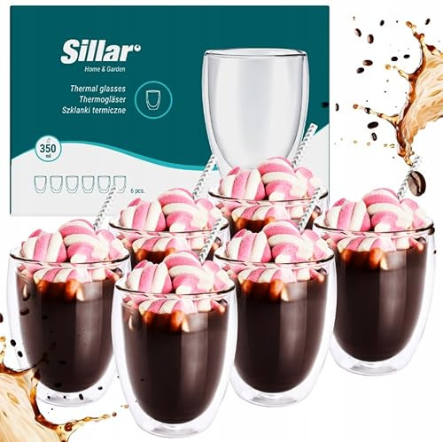 Sillar Doppelwandig Kaffeegläse Latte Machiatto Gläser | Großes Hitzebeständiges 6 Stück x 350 ml Doppelwandglas Thermogläser | Kaffeegläser temperaturbeständig Mokkatassen, Teegläser