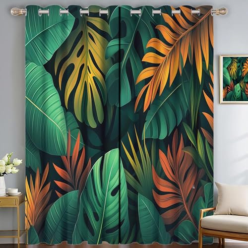 SMBHIAON Tropische Blätter Gardinen Vorhang Mit Ösen,Gelbe Monstera Leichter Weicher Verdunklungsvorhang Wärmeisolierend Ösenschal H260 × B140 cm (2Er Pack), Thermovorhang Kälteschutz Für Wohnzimmer