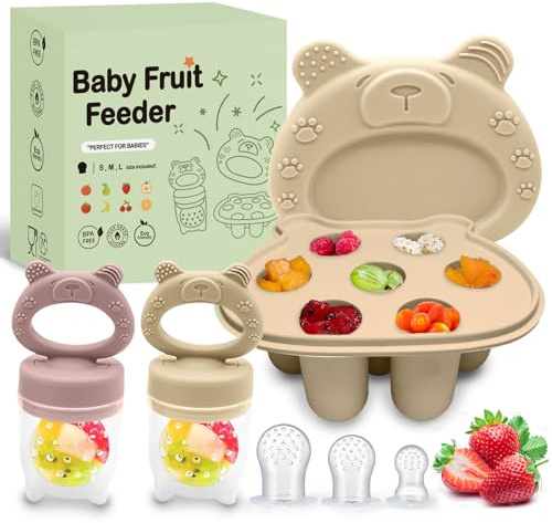 Set di mangiatoie per frutta per bambini, include 2 mangiatoie per alimenti con tettarelle di 3 dimensioni, silicone per bambini, vassoi per congelatore, ciuccio e contenitori