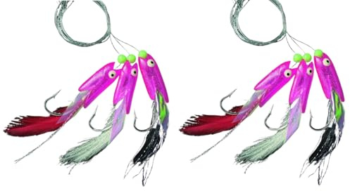 Set 2 Dorschvorfächer, Pilk-Vorfach von Jenzi, 3 Arme Gummifisch Leuchtend pink Norwegen fertig montiert Länge 120cm, Hakengröße 4/0, Schnurstärke 0,80/0,70mm + gratis Petri Heil! Aufkleber