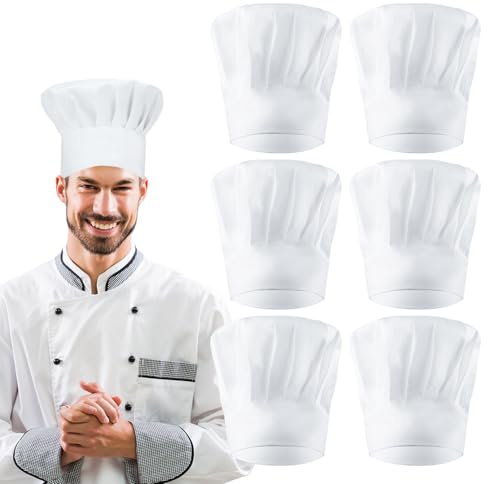 6 Pièces Toque de Cuisinier, Calot Cuisine, Toque de Chef Cuisinier Blanc, Chapeau Cuisine Unisexe Ajustable pour Homme et Femme Enfant pour Restaurants Cuisines Boulangeries Cafés