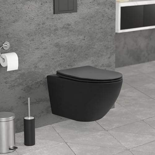 LuxeBath WC Suspendu sans Rebord Long 54 cm Noir Mat, en Céramique Sanitaire, avec Siège Amovible en Duroplast Softclose, Toilette Murale Cuvette à Chasse d'eau Profonde pour la Salle de Bain