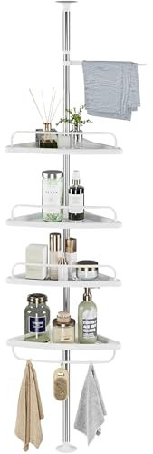 Estantería Telescópica de Baño. Estante Esquina de Ducha de Plástico y Metal sin Taladro. Organizador de Bañera, Cocina, Lavabo de Altura Ajustable 100 a 260 cm con 4 Baldas, Toallero y 3 Ganchos