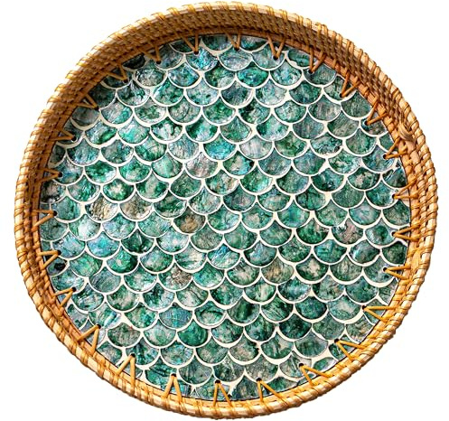 JUNGLE CULTURE Stor rotting serveringsbricka 34 cm/14 tum med pärlemor • Coastal Boho-samling • Handgjord serveringsbricka med handtag • Runda vävda bordsbrickor för hem • flätad korg – kaskad