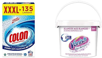 Pack Colon Polvo Activo - Detergente para lavadora, adecuado para ropa blanca y de color, en polvo - 135 dosis, 7.037 kg + Vanish Oxi Action - Quitamanchas y Blanqueador en Polvo, Sin Lejía, 2.4 kg