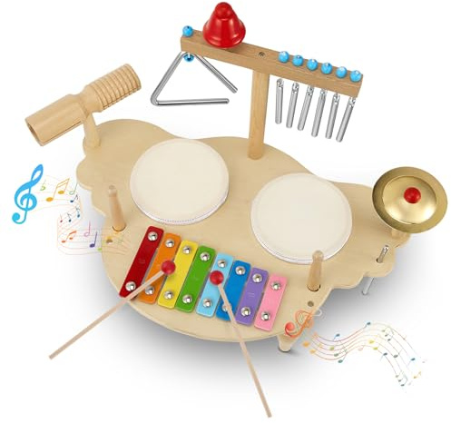 Brolteja Schlagzeugset für Kinder,Holz Montessori Kinder Schlagzeugset Spielzeug,Musikinstrumente für mit Xylophon Trommel, Geschenk 3 4 5 6 Jahre Junge Mädchen