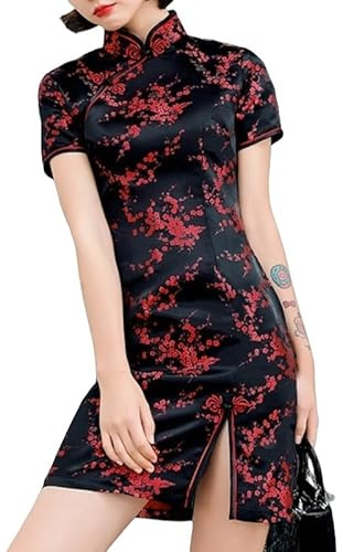 Generisch Damen Cheongsam Minikleid Pflaumenblütenstickerei Gothic Abendkleid Seitenschlitz Elegantes Qipao Satin Kurzes Chinesisches Kleid für Cocktailparty Schwarz und Rot XL