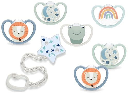 NUK Baby Schnuller-Set: Space & Space Night Schnuller Gr.1 Löwe & Frosch, BPA-frei, 4er Set, leuchtet im Dunkeln + Schnullerkette mit Stern-Motiv – sicher & praktisch ab 0 Monaten