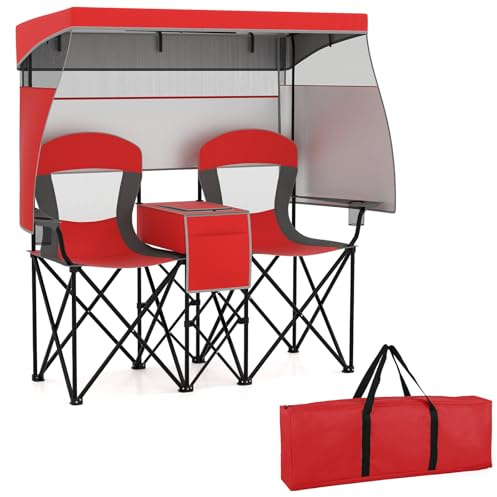COSTWAY Campingstuhl mit verstellbarem Sonnenschutz, Klappstuhl mit Kühltasche & Becherhalter, Faltbarer Angelstuhl für 2 Personen, Faltstuhl mit Tragetasche, für Camping, Sport, Angeln (Rot)