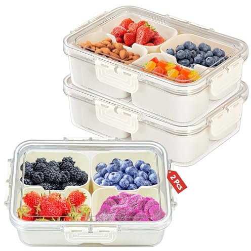 SANTUO Snack Box with Compartments, Snack Tray with 4 Removable Compartments, Divided Snackle Serving Box with Lid, Reusable Food Storage Container for Candy, Fruits, Travel, Picnic (2)