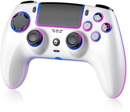 JORREP Manette sans fil pour PS5/Pro/Steam Deck/PC/MAC/iOS, manette de jeu avec éclairage RVB/double vibration/turbo/capteur de mouvement/programmable/connexion casque/batterie 1500 mAh (Blanc)