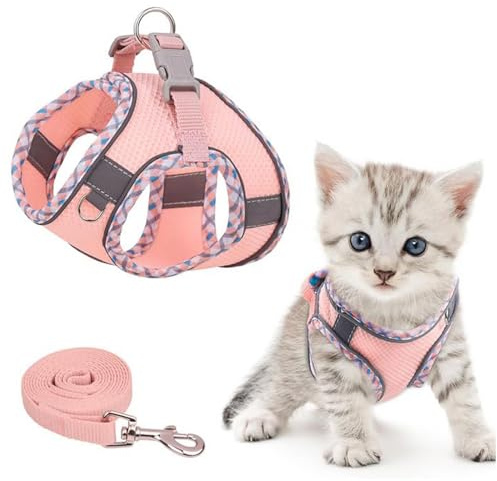 Brifit Katzengeschirr Kitten,Katzengeschirr mit Leine Ausbruchsicher, Verstellbares Katzen Geschirr Set mit Reflektierenden Streifen, Softgeschirr für Katze Welpe [Rosa 3XS] Outdoor für Balkon, Garten