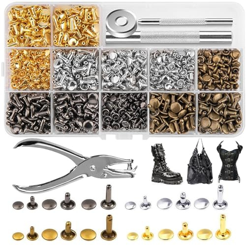 480 Set Leder Nieten Metallniete - Doppelkappe Hohlnieten mit Nietenzange Aufbewahrungsbox und Lochzange 12mm 8mm 6mm Ledernieten, Hohlnieten Set für DIY Lederhandwerk Kleidung Dekoration 4 Farben