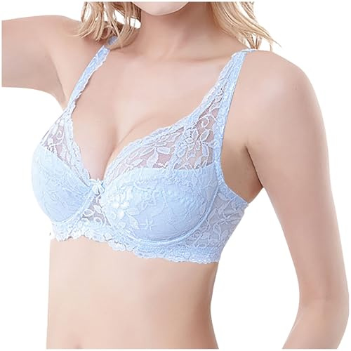 Floral Lace Bras for Women Underwire Push Up Bra Support Sleep Bralettes Soft Cup Full Coverage Everyday Bra Sexy Thin Breathable Underwear Plus Size Comfort Bralette Light Blue